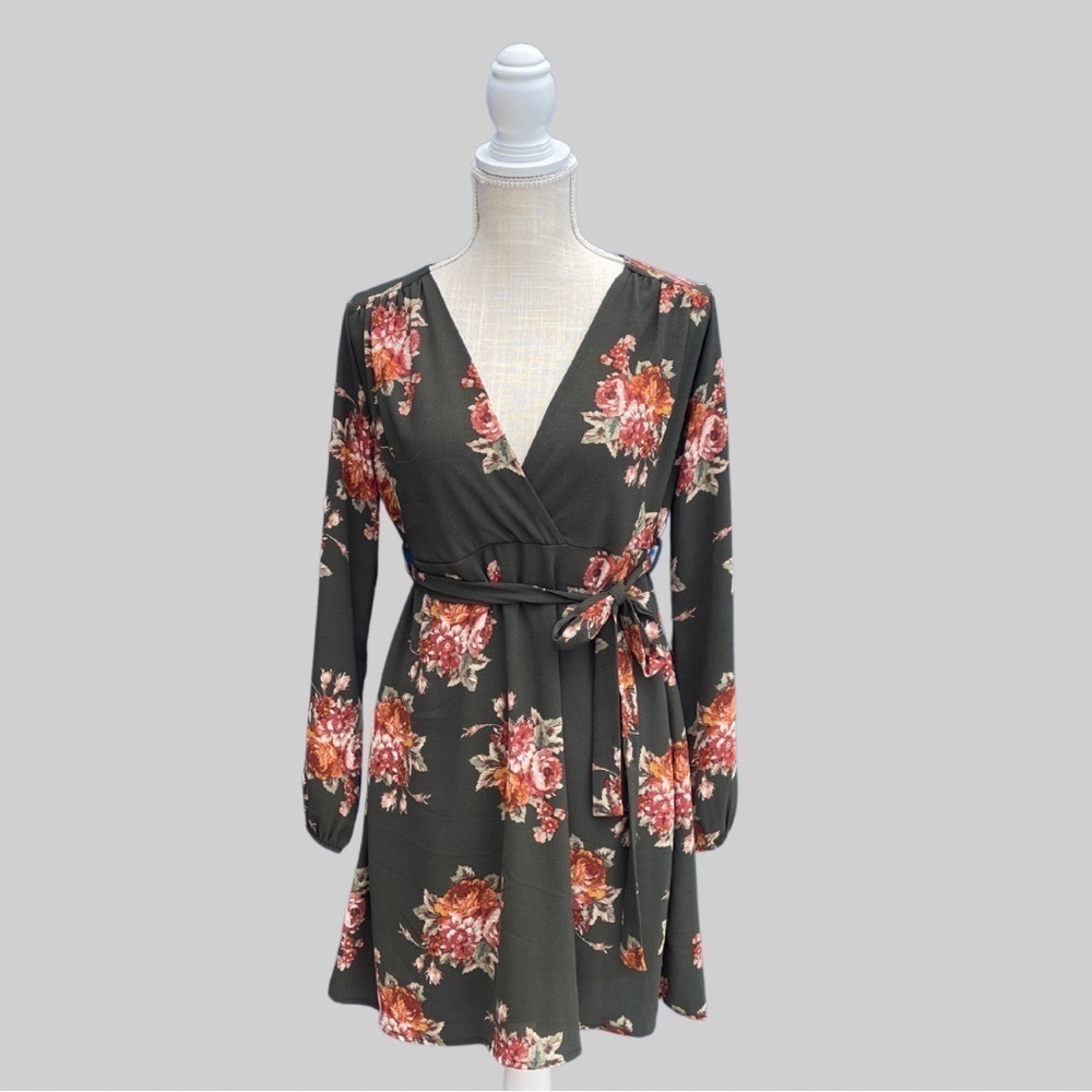 Olive Green Floral Faux Wrap Dress